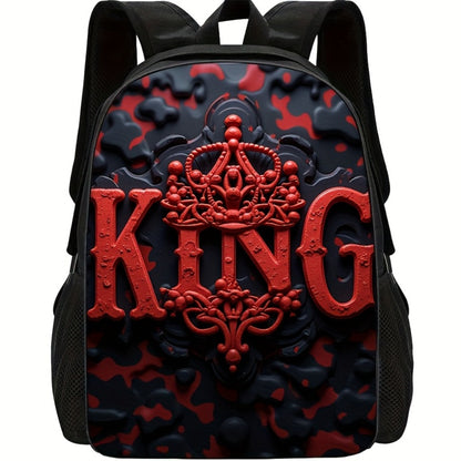 1 Summer Printed Men's Backpack - "KING" Design, Bright Red and Black Blocks, Cool and Practical, Suitable for Students and Young Professionals, Casual Day Backpack | Backpack, Valentine's Day Gift