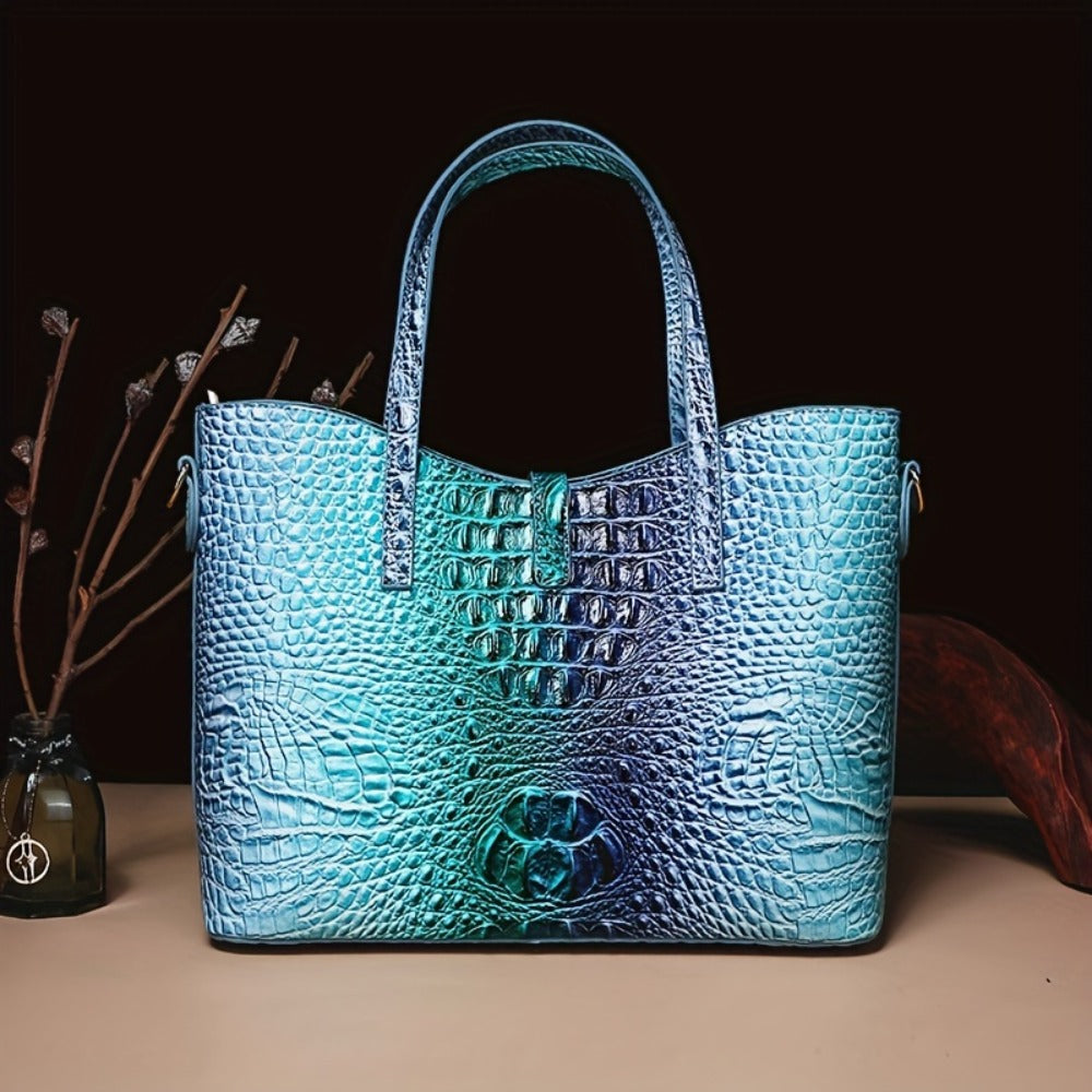 Set of 3: Vibrant Crocodile Design Spacious Faux Leather Tote And Crossbody Bags Along with a Coordinating Wallet, Perfect for Christmas, Mother'S Day, And Halloween Presents