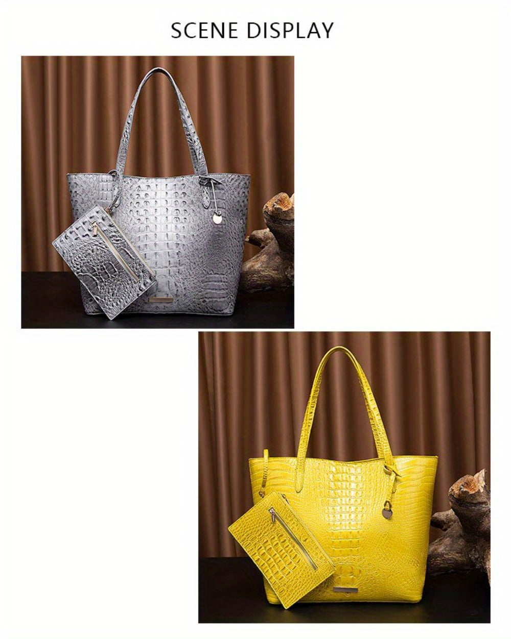 Stylish Two-Part Tote Bag Featuring a Crocodile Design And Elegant Metal Details, Offering Ample Storage for Versatile Carrying Options, Ideal for Various Occasions