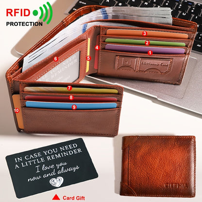 A Set Includes a Greeting Card And a Men'S Genuine Leather Wallet Made of Top-Layer Cowhide, Featuring RFID Protection Against Skimming. It Can Hold ID Cards And Credit Cards with 11 Card Slots - a Multifunctional, Spacious Vintage Wallet