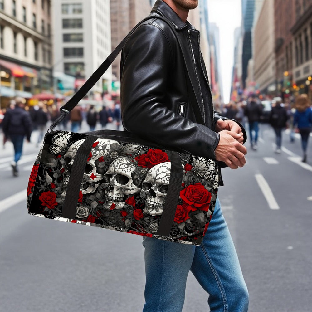 Printed Travel Bag with Skull and Rose Petals, Trendy Outdoor Luggage Bag for Both Men and Women, Sports Yoga Bag