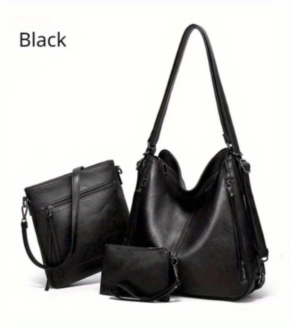 3pcs Women's Set Bag - Large Capacity Solid Color Shoulder Bag Set Backpack Multiple Ways to Carry Daily Commute