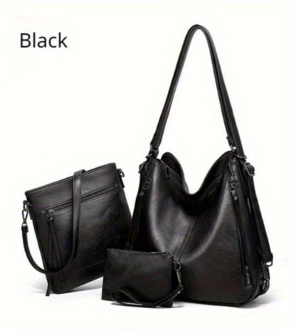 3pcs Women's Set Bag - Large Capacity Solid Color Shoulder Bag Set Backpack Multiple Ways to Carry Daily Commute