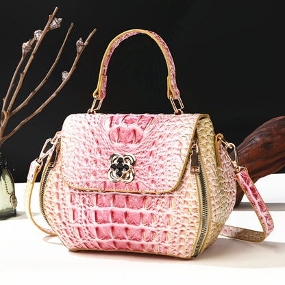 Classic Solid Color Mini Square Handbag, Crocodile Pattern Top Handle Bag for Women