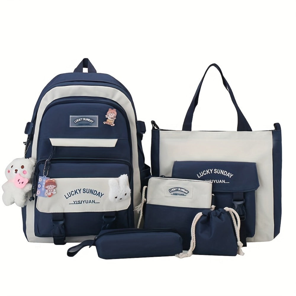 5pcs Solid Color Backpack, Women's Travel Bag, Large Capacity Backpack, Simple Tote Bag, Pencil Case, Casual Crossbody Bag, Lightweight Student Shoulder Bag