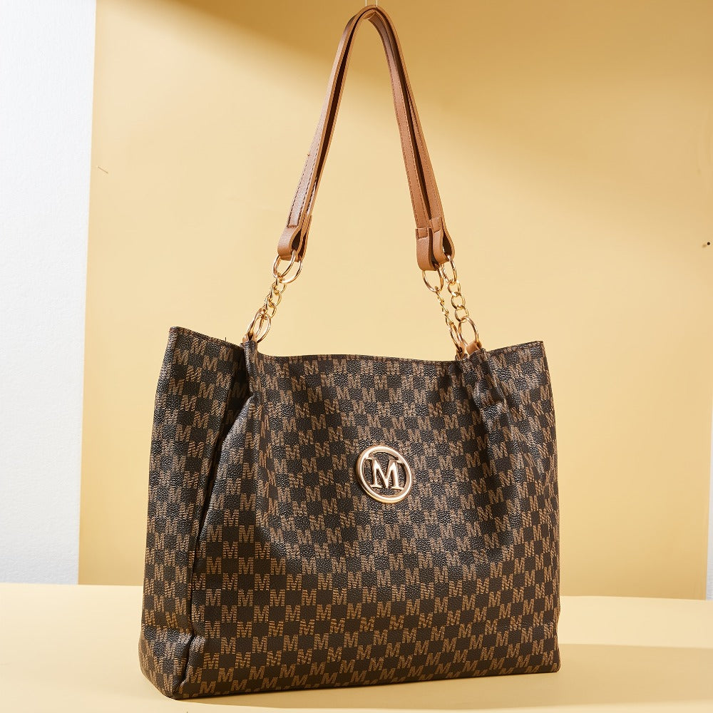 Women's PU Large Capacity Vintage Tote & Crossbody Bag with M Print Character & Hardware - Retro Shoulder Handbag Suitable for Travel,,, Machine Washable, Zipper Closure, //