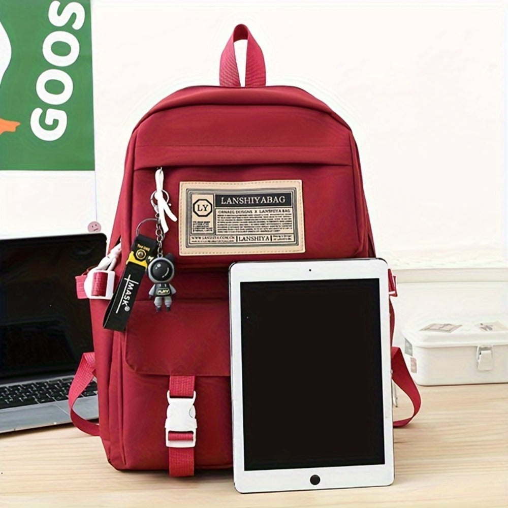 5pcs Solid Color Backpack Set, Large Capacity Double-ShoulderBag, Simple Tote, Pencil Bag, Casual Crossbody, Lightweight Student Shoulder Bag.
