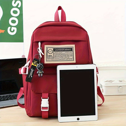 5pcs Solid Color Backpack Set, Large Capacity Double-ShoulderBag, Simple Tote, Pencil Bag, Casual Crossbody, Lightweight Student Shoulder Bag.