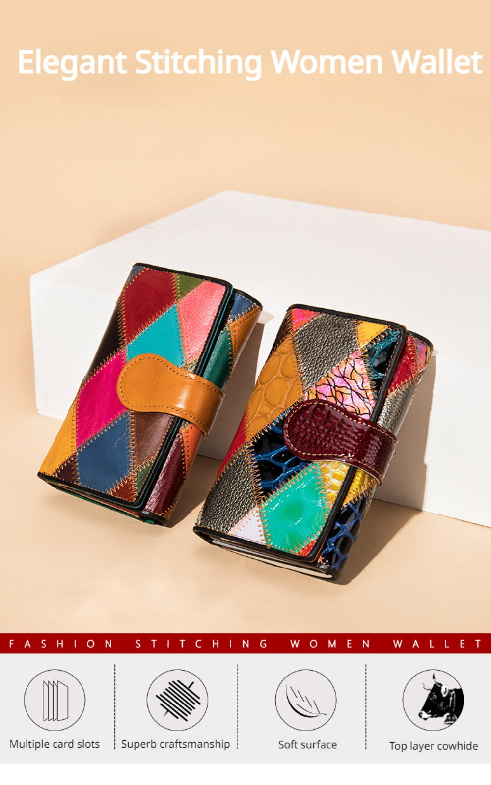 Stylish Handcrafted Bag Featuring a Compact Wallet, Vibrant Patchwork Coin Purse, Multiple Card Slots, And a Money Clip Made from Premium Cowhide