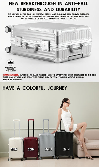 Multifunctional Aluminum Alloy Frame Suitcase, ABS+PC Material Suitcase, Scratch-resistant And Wear-resistant. Foldable Cup Holder And Side Stand Foot Hook, TSA Customs Password Lock. Universal Wheel, Internal Compartment And Compression Belt Design