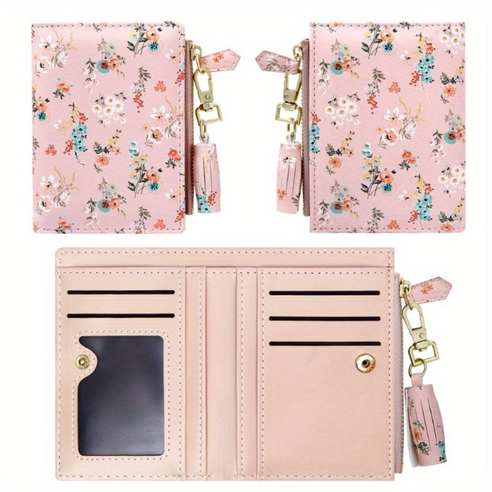 Slim Bifold Wallet for with Tassel Keychain - 9 Card Slots & Zipper Pocket, Compact ID Holder for Everyday Use Or Party Accessories - Perfect Gift for Her, Cute Wallet, Stylish Accessory, Durable Polyester Lining Suitable for Teens, Coin Purse