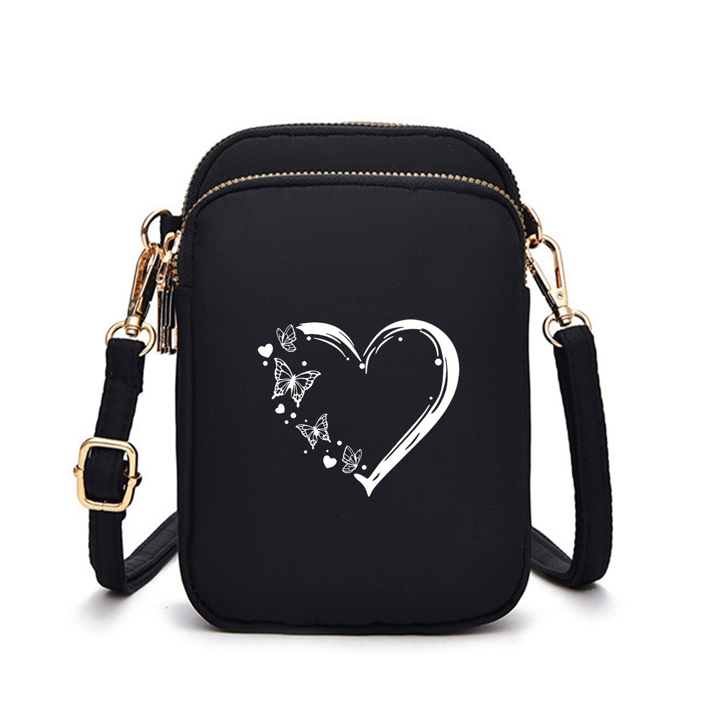 's Compact Crossbody Bag - Heart-Shaped Window with Golden Zipper, Adjustable Strap, Oxford Cloth Purse with Coin Pocket & Headphone Jack - Lightweight Everyday Bag for, Phone Purse for Travel, Work, School - Black Crossbody Bag with Butterfly Heart Print