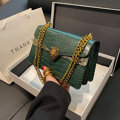 2025 New Women'S Crossbody Bag with Golden Chain And Animal Headdress- Small Square Shoulder Bag, Urban Fashion Buckle Closure Design, Suitable for Casual And Formal Looks, Multifunctional Accessory, High-End Elegant Handbag, Fashion Item