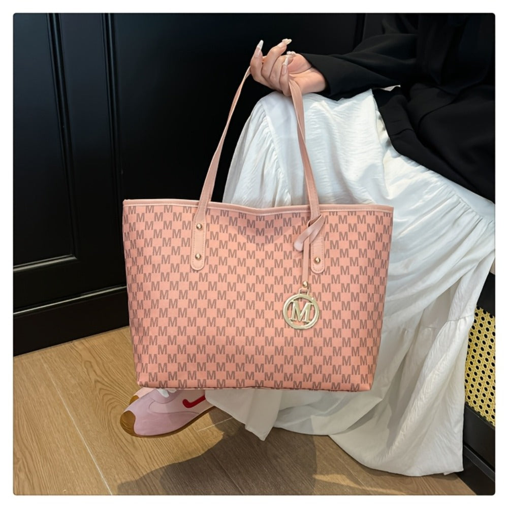 Sanrio Women'S Large Capacity Tote Bag, with Small Pink Bag And Decorative Bow, Zipper Closure Design, 3pcs/4pcs, Fashion Letter Print Shoulder Bag, Handbag for Daily Casual Travel Commute