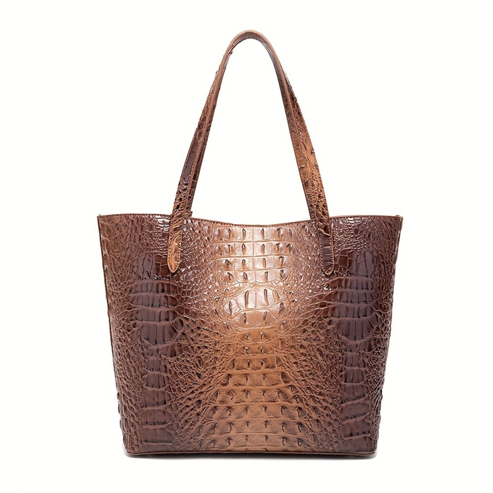Stylish Two-Part Tote Bag Featuring a Crocodile Design And Elegant Metal Details, Offering Ample Storage for Versatile Carrying Options, Ideal for Various Occasions