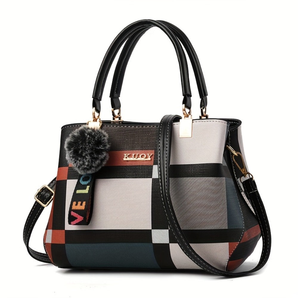 Fashion Plaid Pattern Tote Bag, Colorblock Satchel Purse, Stylish Crossbody Bag With Plush Ball Pendant