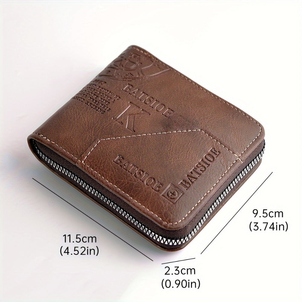 1pc Faux Leather Wallet for Men - Premium Retro Letter Embossed Design, Multiple Credit Card Slots, Zipper Closure, Stylish Gift for Gentlemen