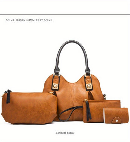 4pcs Vintage Handbag - Large Capacity, Multi-pocket, Women's Casual Tote Shoulder Bag Diagonal Span Bag