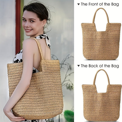 1pc Women's Straw Woven Beach Bag Summer Woven Tote Bag Shoulder Handbag Vacation Women's Large Handbag