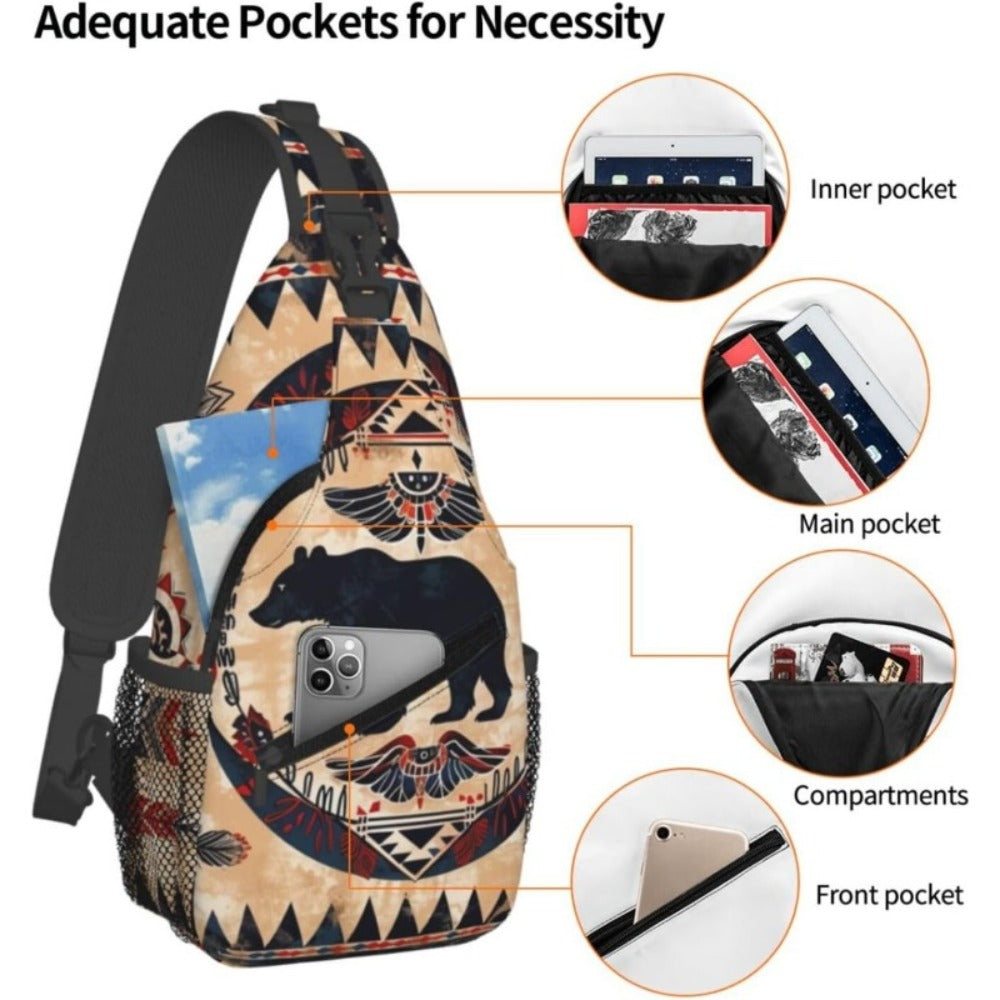 Native American Bear Tribal Print Men's Crossbody Chest Bag - Southwestern Style Belt Bag with Secure Zipper, Turquoise Accent & Bear Paw Design, Durable Multifunctional Waist Bag for Outdoor Travel,, Daily Use (Hand Washable)