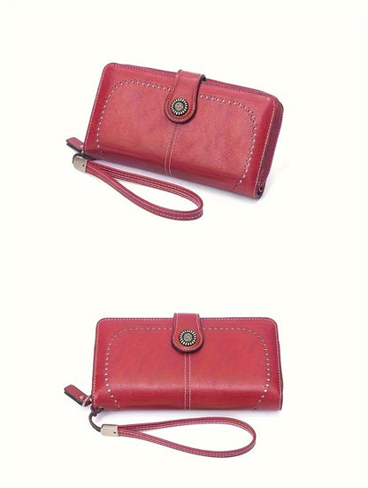 1 Pc RFID Blocking Retro Large Capacity Long Wallet PU Solid Color Women's Purse Multi-Functional Zipper Wallet with Wrist Strap Passport Ticket Credit Card Holder Can Accommodate Large Screen Phone