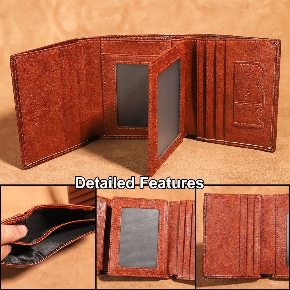 Men's Top-Grain Cowhide Wallet with 3 ID Windows Display, RFID Blocking Protection Vintage Wallets for Man Multi Functional Credit Card Holder Money Clips Perfect Holiday Gift for Him