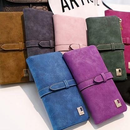 Retro Frosted Long Clutch Wallet Solid Color Multi Card Slots Money Purse Phone Handbag for Women