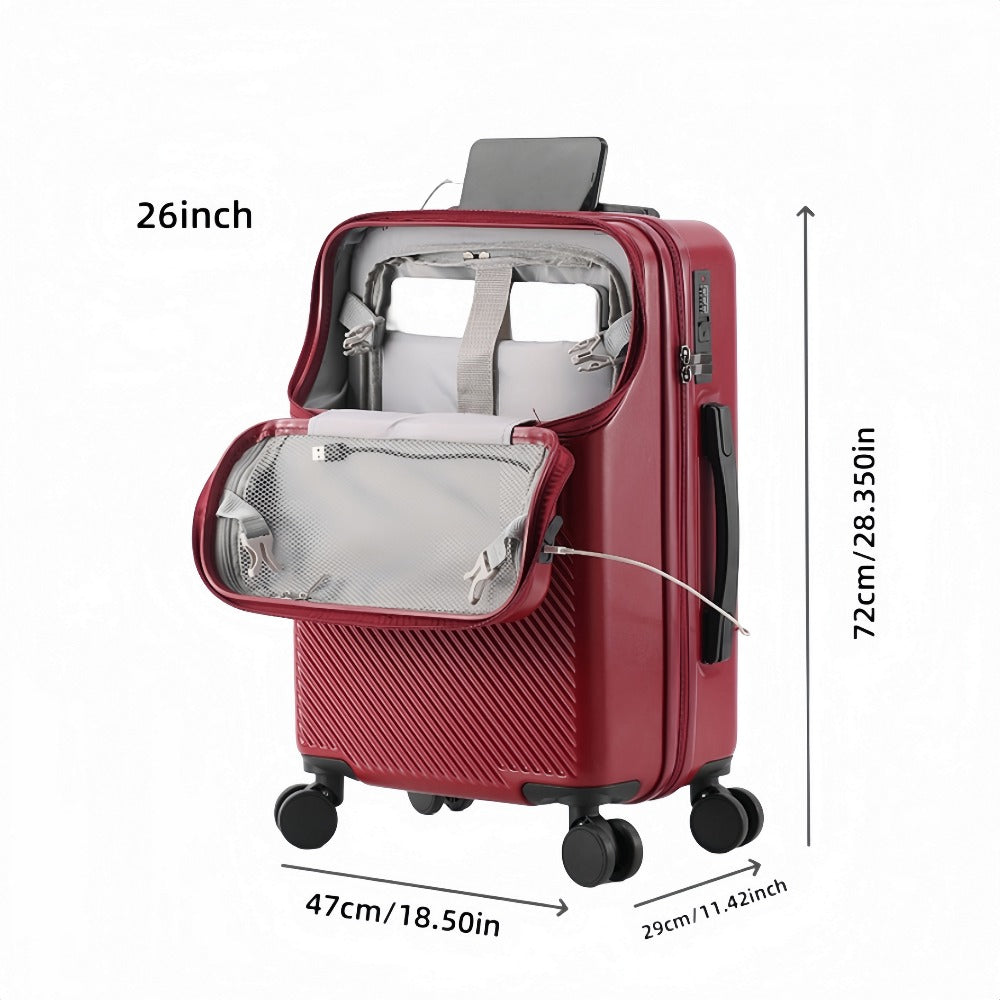 Large Capacity Trolley Case with Front Open Compartment, Functional Travel Suitcase, Luggage with Password Lock And Cup Holder, to Make Your Journey More Convenient And Safe