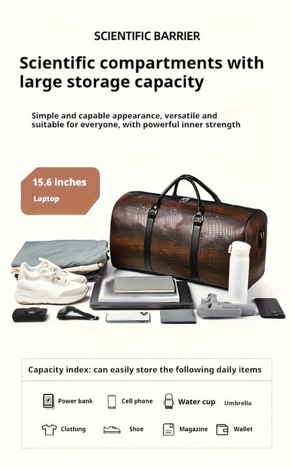 Vintage Crocodile Pattern Luggage | Retro Style | Large Capacity | Black And Dark Brown | Multifunctional Travel Handbag with Shoulder Strap