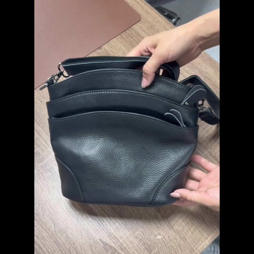[Elegant Style] Genuine Leather Women'S Crossbody Bag, Double Pockets, Detachable Shoulder Strap, Zipper Closure, Multi-Functional Shoulder Bag, Satchel Bag