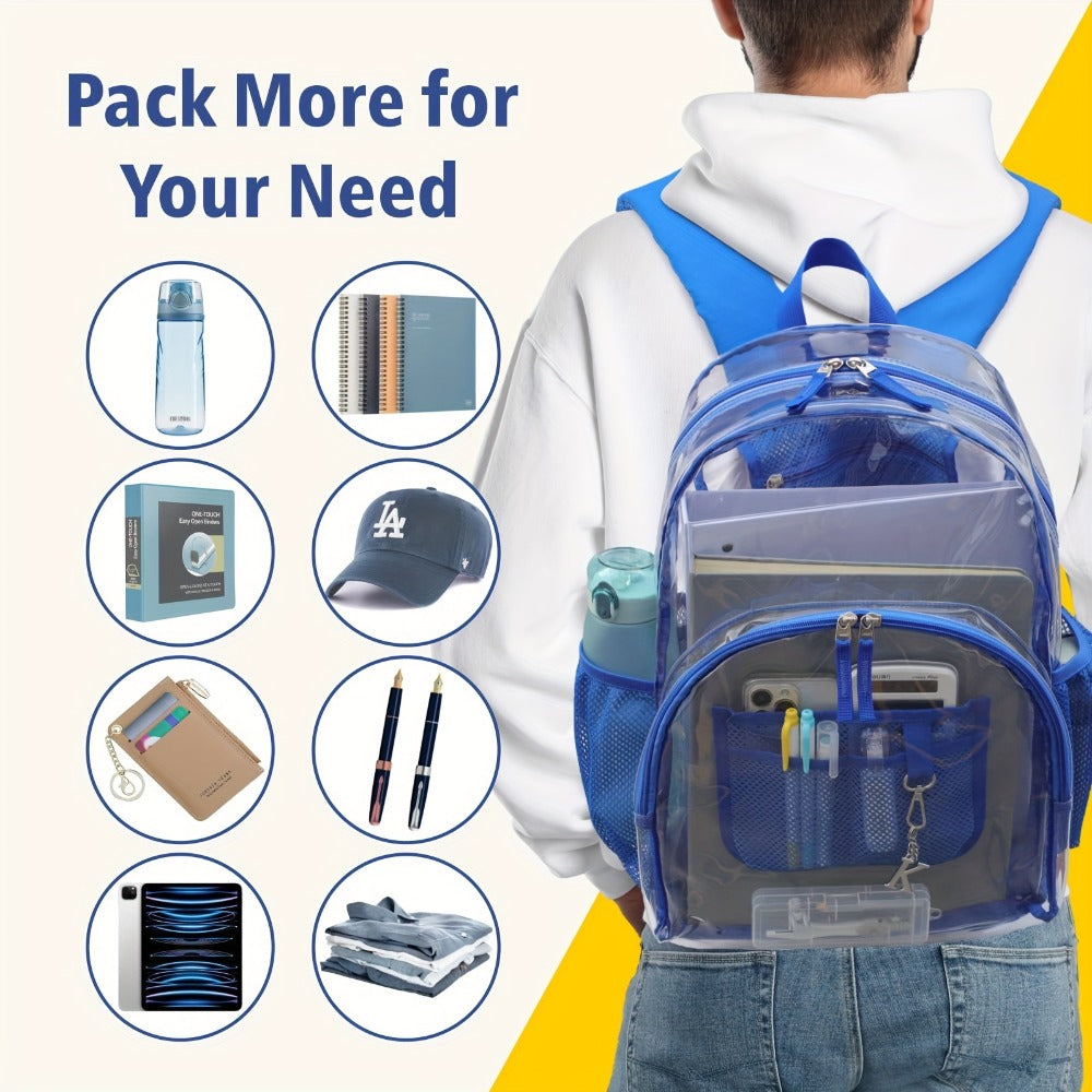 Heavy-Duty Clear Backpack - Large Transparent Backpack with Front Zipper Compartment & Side Pocket, Heavy-Duty PVC School Backpack, Bookbag for College, Travel, Work - Easy Visibility & Secure Zipper Closure, Backpack for Travel, College Student Bag, Rein