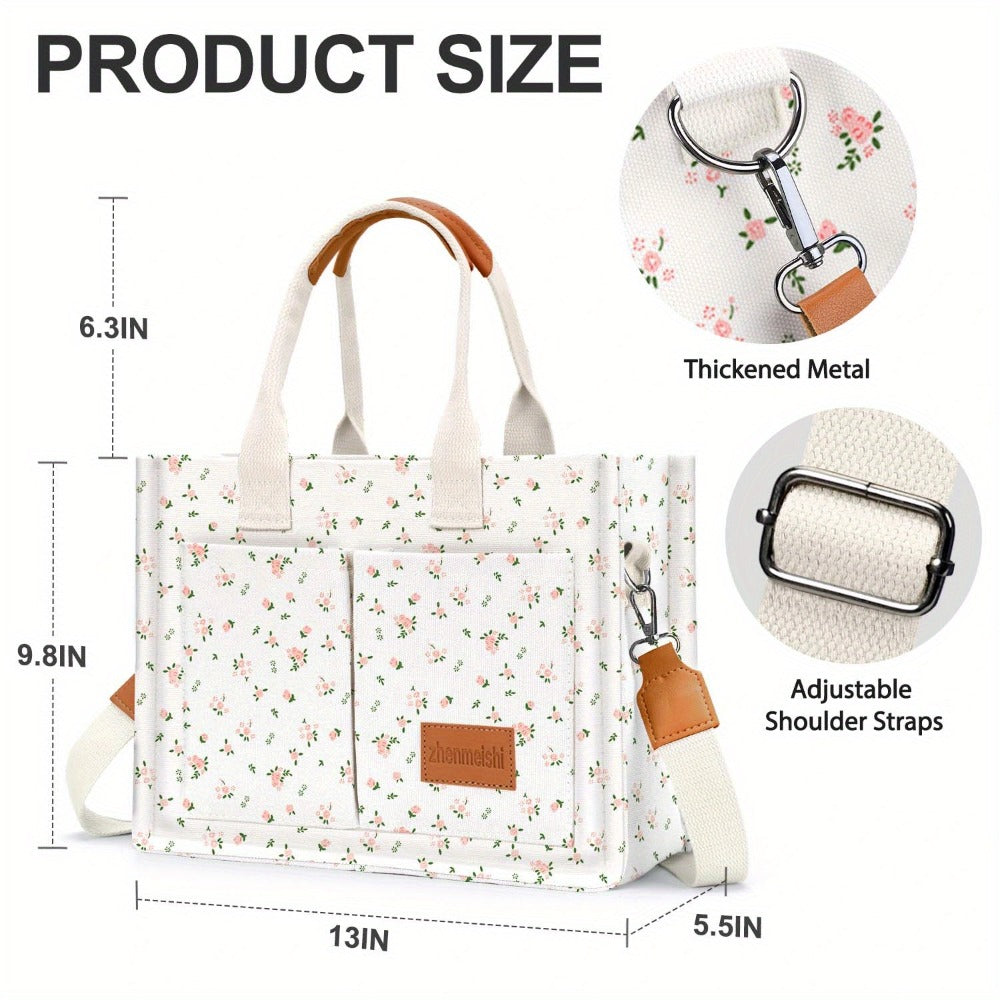 Women's Tote Bag with Zipper Closure, Large Capacity & Individual Compartments, Detachable Strap & Bottom, Vibrant Flower Print Multi-Purpose for Travel, Work, College, Shopping Ideal Gift (White, Pink, Gray, Blue, Brown), Versatile Carryall