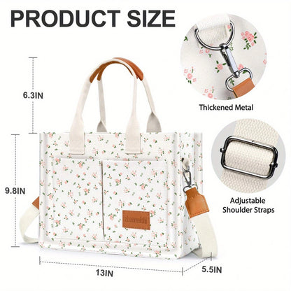 Women's Tote Bag with Zipper Closure, Large Capacity & Individual Compartments, Detachable Strap & Bottom, Vibrant Flower Print Multi-Purpose for Travel, Work, College, Shopping Ideal Gift (White, Pink, Gray, Blue, Brown), Versatile Carryall