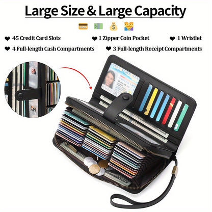 Wallets for Women, RFID Blocking Large Capacity Wristlet Clutch with 45 Card Slots & Zipper Pocket, Detachable Strap Handbag, Gift for Office Workers & Travelers