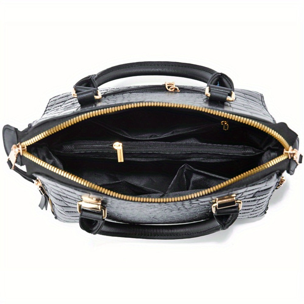 Fashion Crocodile Pattern Women's Handbag 2pcs Set, Women's Shoulder Bag with Tassel Decoration, Metal Cat Pendant Crossbody Bag
