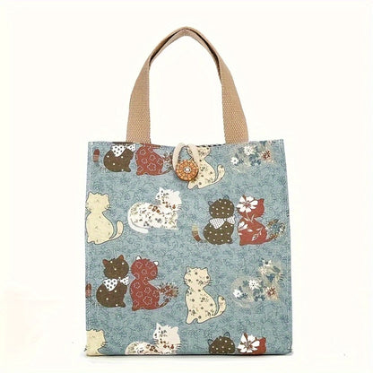 Fashionable Butterfly Printed Canvas Handbag - Portable Lunch Bag With Safety Buckle, Suitable For School, Travel, Picnicking, And Office Use