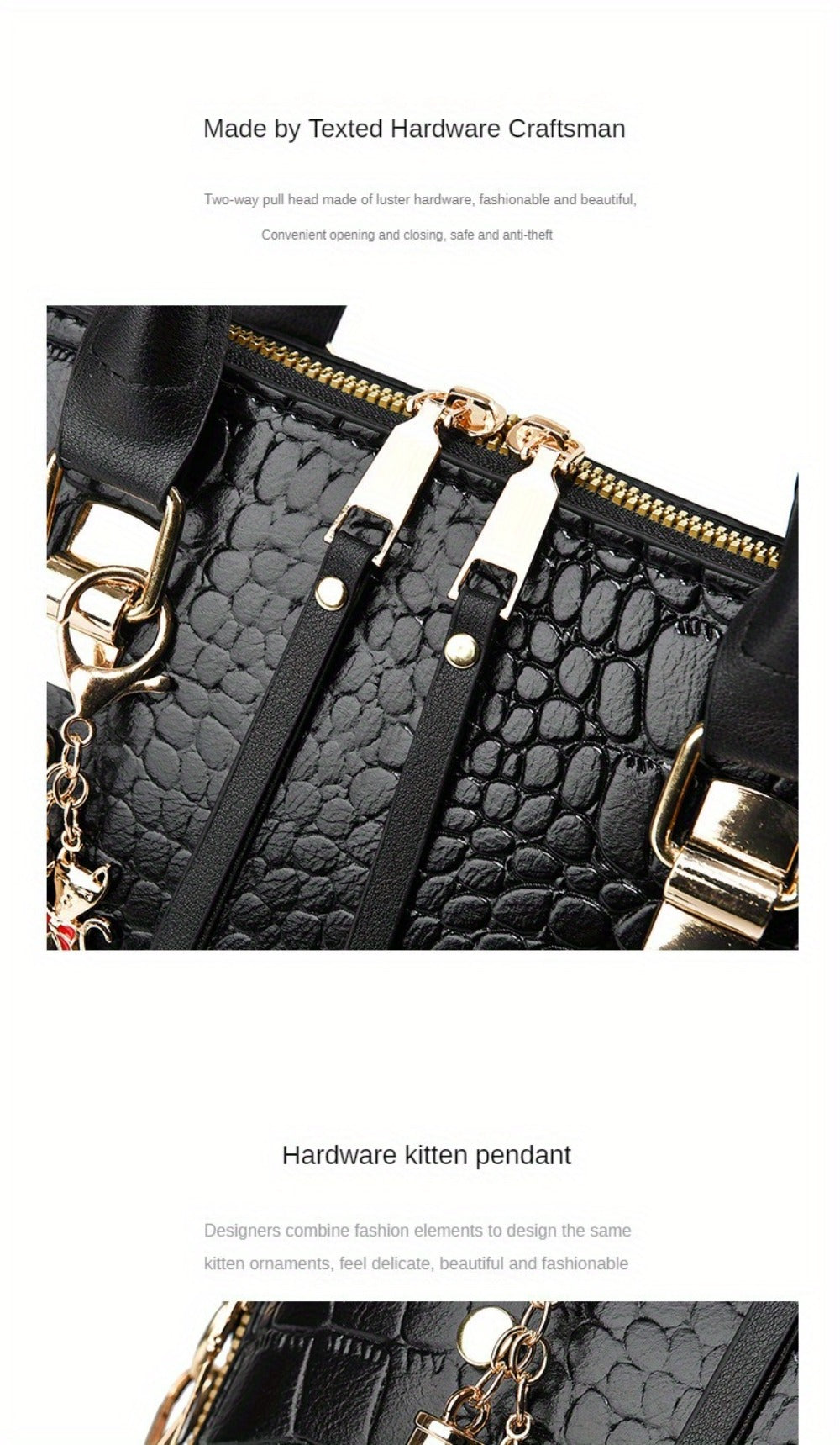 Fashion Crocodile Pattern Women's Handbag 2pcs Set, Women's Shoulder Bag with Tassel Decoration, Metal Cat Pendant Crossbody Bag