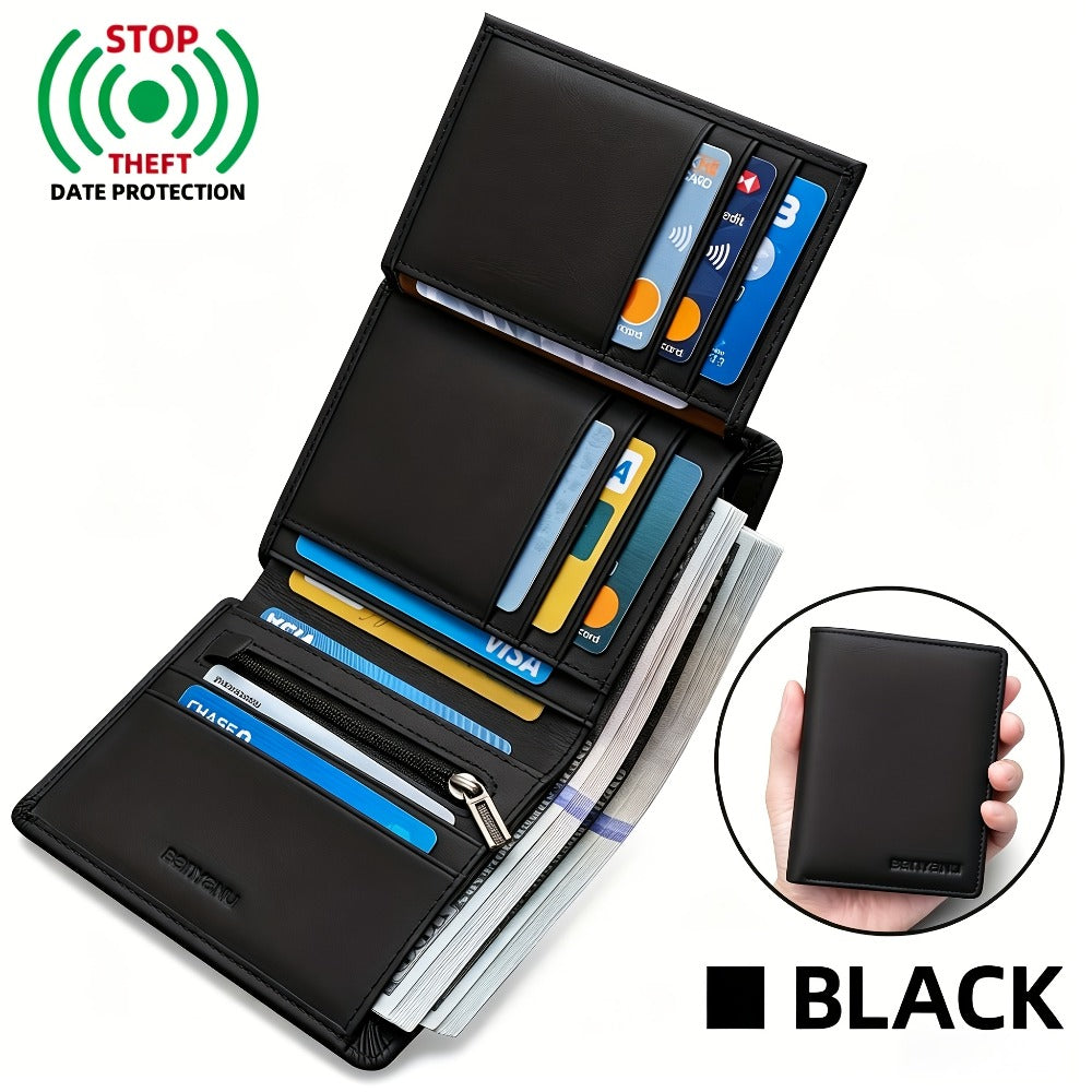 Genuine Leather Three-Fold Wallet for Men, 13 Card Slots with Anti-Theft Feature