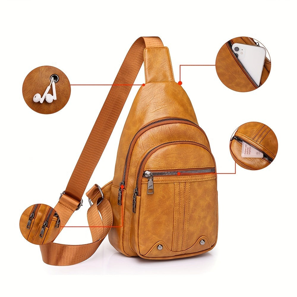 Men'S Chest Bag Sling Backpack Faux Leather Retro Crossbody Bag Shoulder Bag Unisex Soft Faux Leather