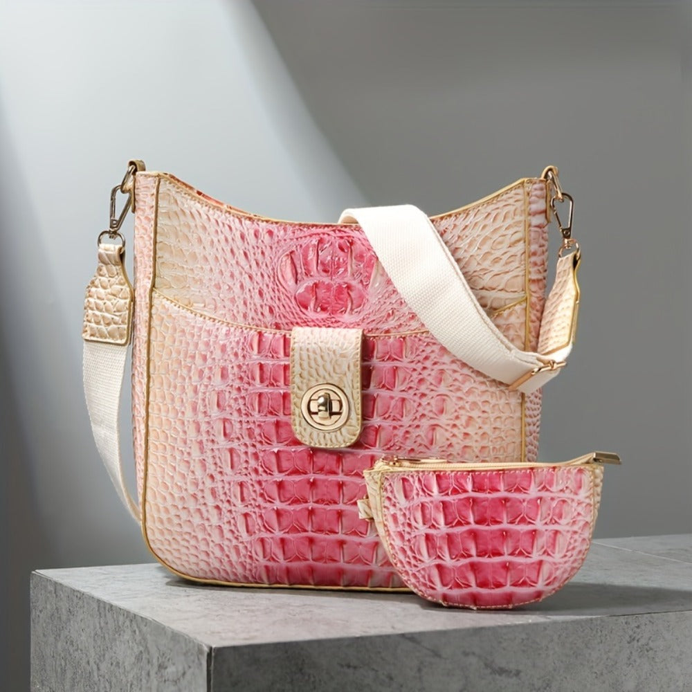 Trendy Crossbody Bag with Crocodile Pattern - Premium Bucket And Coin Purse Style - Multi-Purpose Shoulder Bag Suitable for Any Event