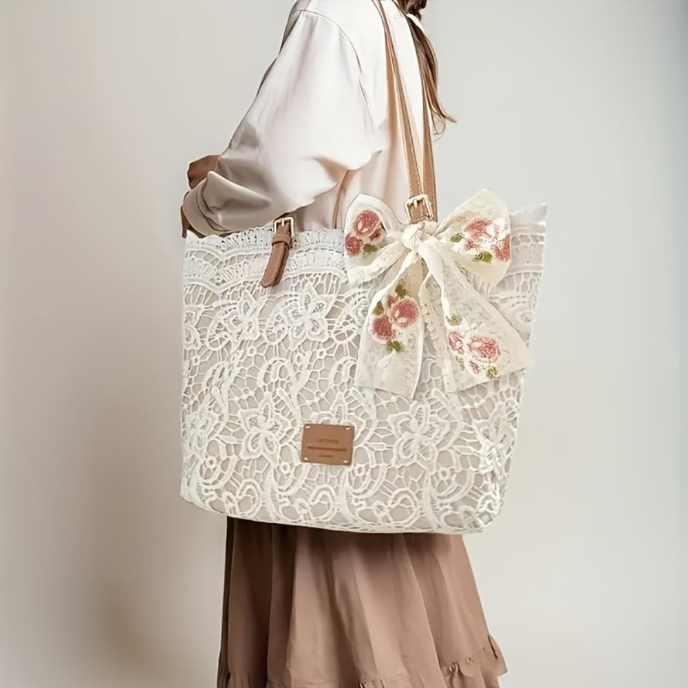 2025 New Style Lace Tote Bag/ Shoulder Bag: Elegant And Premium with Floral Decorations, Perfect for Daily Commuting Or Photo Shooting, Ideal Holiday Gift (Halloween/Thanksgiving/Christmas)