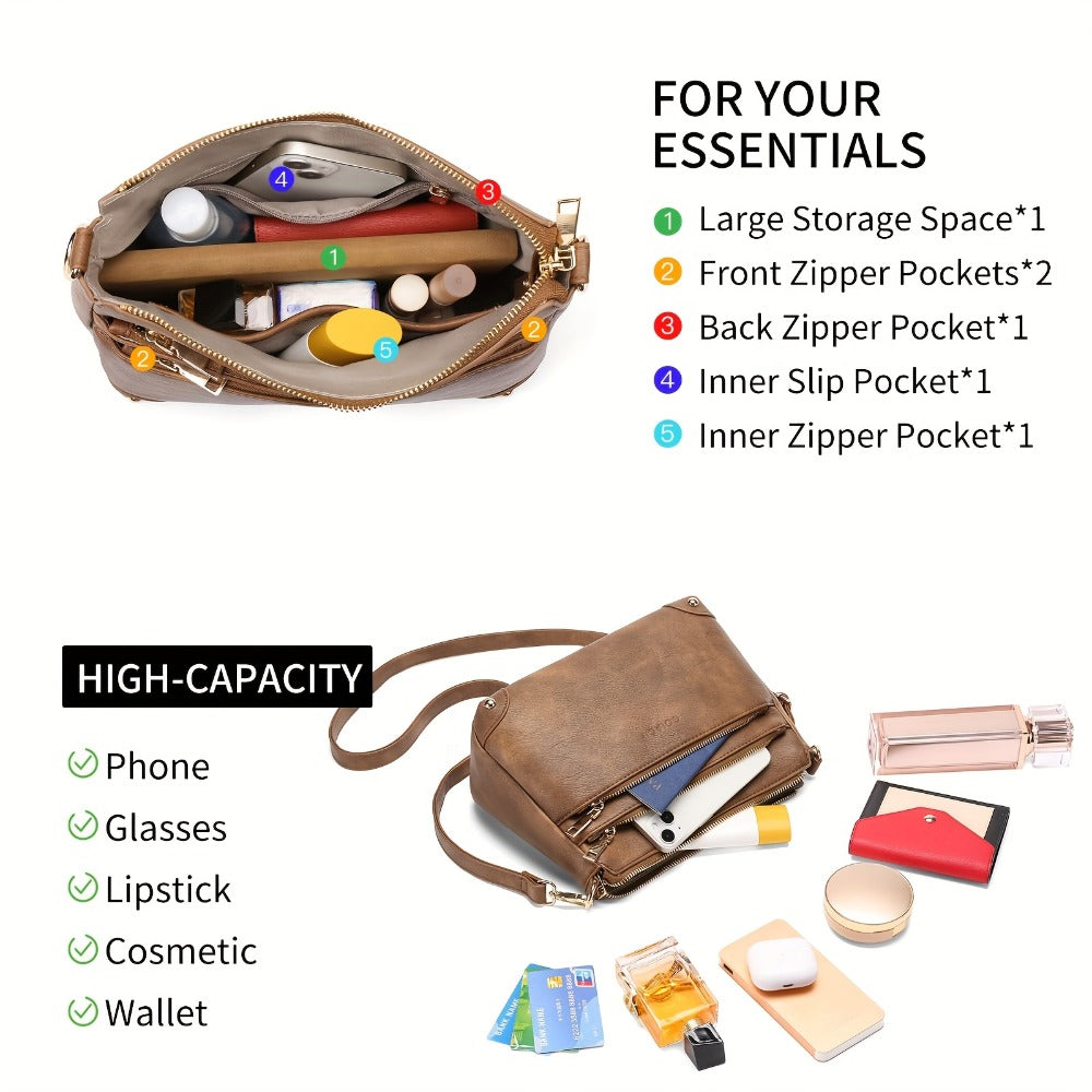 Leather Handbags for Women, Casual Crossbody Bag with Detachable Strap | Large Capacity, Zipper Closure | Urban Chic Design for Everyday Commute, Shopping, Travel (Coffee Brown, Tan, Black)