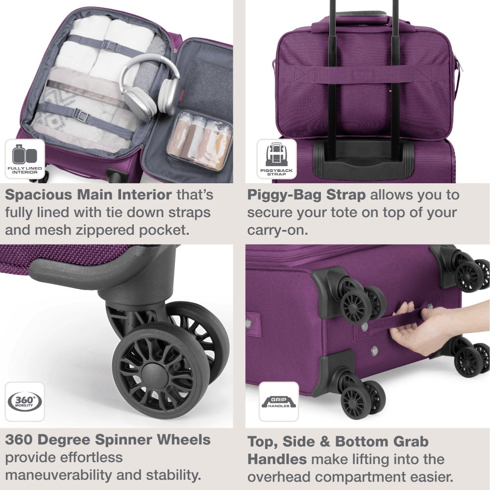 U.S. Traveler Rio II 2-Pcs Polyester Carry-on Suitcase w/ Tote | Soft Shell, Lightweight, Expandable & 360° Dual Spinner Wheels | Two-Tone, Colorblock, Matching Color, Black, Evergreen & Teal - Travel Luggage Set for Travel, Business Trips, and Weekend Ge