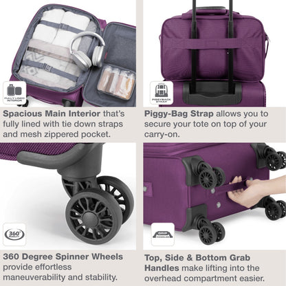 U.S. Traveler Rio II 2-Pcs Polyester Carry-on Suitcase w/ Tote | Soft Shell, Lightweight, Expandable & 360° Dual Spinner Wheels | Two-Tone, Colorblock, Matching Color, Black, Evergreen & Teal - Travel Luggage Set for Travel, Business Trips, and Weekend Ge