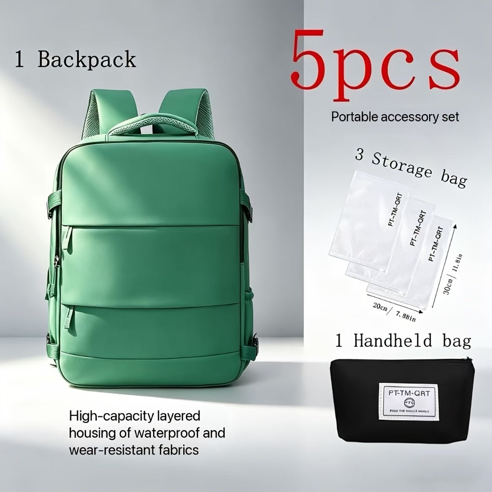 5pcs Women'S Backpack Large Capacity Travel Bag, Expandable Large Capacity Luggage Backpack, Solid Color Business Weekend Bag with Shoe Compartment, Adjustable Straps, 180° Opening, Airline Travel Standard, Multiple Colors Available