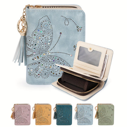 Women RFID Blocking Small Bifold Wallet, Compact Cash Clutch with Zipper Coin Pocket, Glittery Butterfly Design, Credit Card Holder, Travel Purse with Tassel Mom Gift Faux Leather Tote Zipper Daily