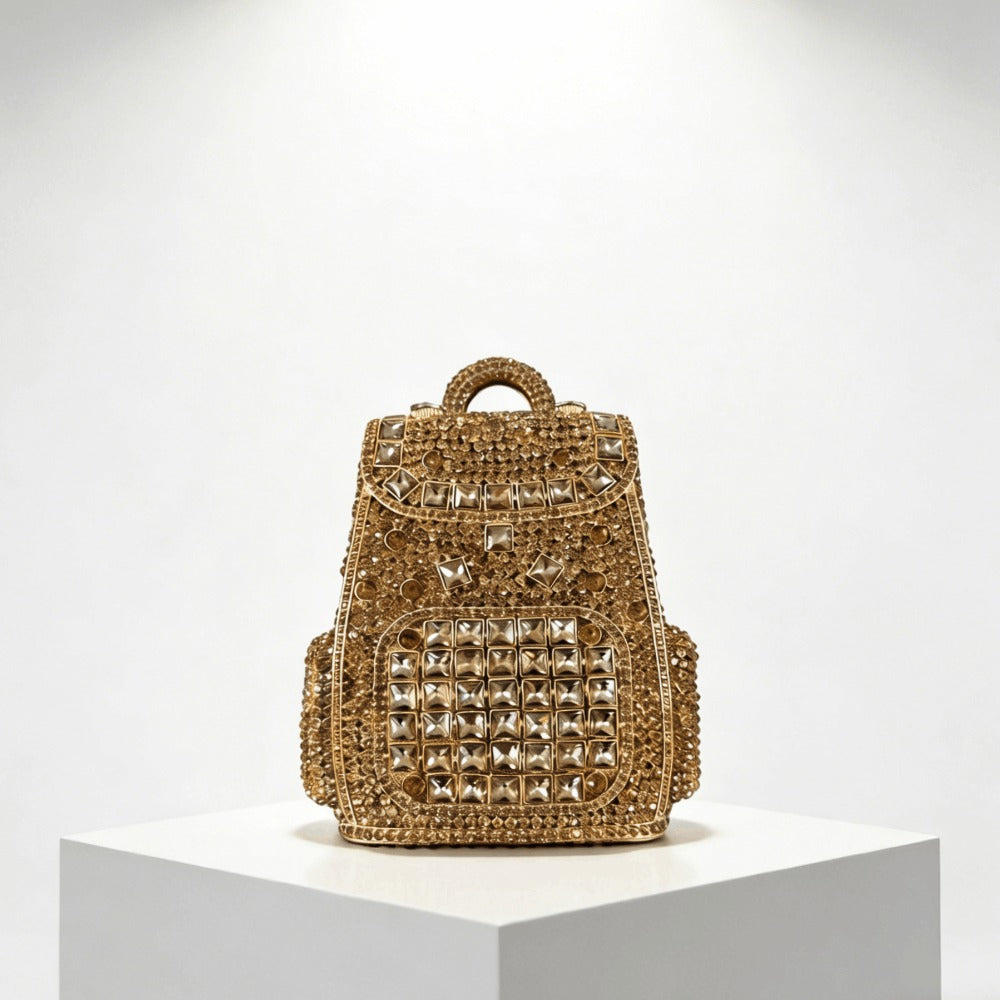 Women Trendy Backpack Shaped Crystal Evening Bag Sparkling Rhinestone Clutch Purse Unique Handbag for Cocktail Party