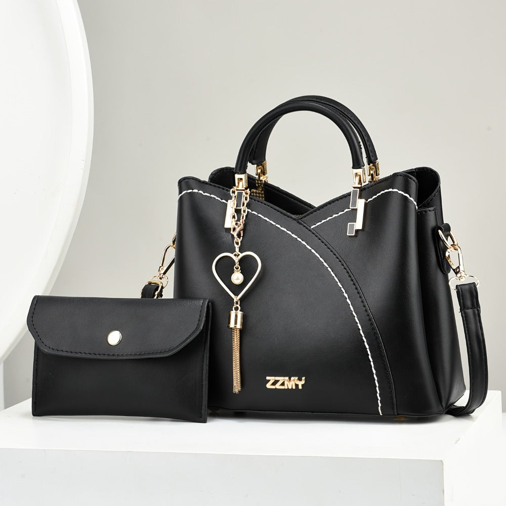 2pcs Set Fashion Colorblock Tote Bag with Shoulder Strap And Matching Clutch, Women'S Elegant Handbag And Crossbody Purse Combo