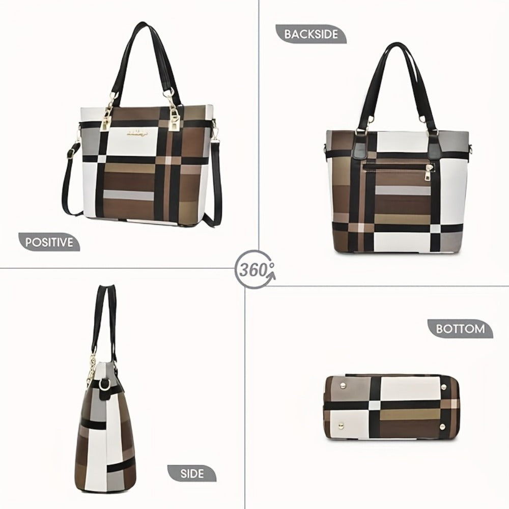 [Best Birthday Gifts] 6pcs Fashionable And Versatile Women's Bag, Trendy Contrasting Color Large Capacity Handbag Bag, Checkered Tote Bag, Shoulder Crossbody Bag, Coin Purse, The Stripes Are Random, Suitable For Any Outdoor Scene For Best Birthday Gifts