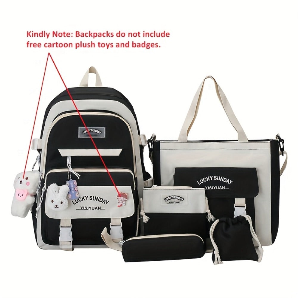 5pcs Solid Color Backpack, Women's Travel Bag, Large Capacity Backpack, Simple Tote Bag, Pencil Case, Casual Crossbody Bag, Lightweight Student Shoulder Bag